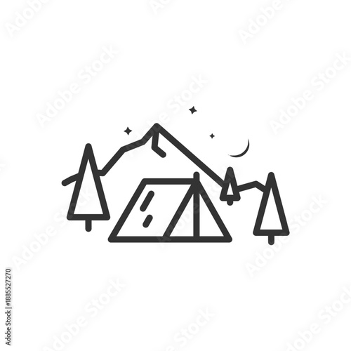 Minimalist Camping Tent Line Art Vector Icon with Mountains and Night Sky