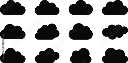 A collection of black cloud silhouette icons arranged neatly on a clear white background