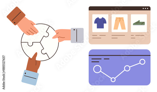 Collaboration, teamwork, e-commerce, online businesses, data analytics, strategy planning. Hands assembling puzzle pieces, e-commerce product page and growth trend graph. Collaboration