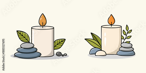 Tranquil spa still life featuring burning candles with a flickering flame and smooth stones creates a warm candlelight glow in the dark for a heat lit decoration