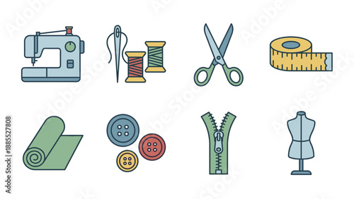 Sewing and tailoring icons set. Vector fashion design tools. Machine, needle, thread, scissors, tape, buttons, zipper, mannequin. Handmade craft equipment. Dressmaking symbols.