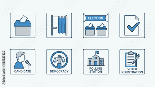 Voting icons set. Democracy election symbols. Ballot box polling booth. Political candidate. Voter registration. Government campaign. Check mark vote. Politics linear vector.