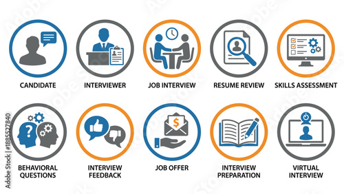 Job interview icons set. Recruitment process symbols. Human resources hiring. Career employment pictograms. HR candidate evaluation. Resume review. Business staffing vector.
