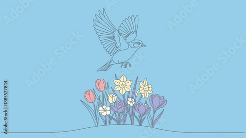 Bird Flying Over Colorful Flowers Illustration.
