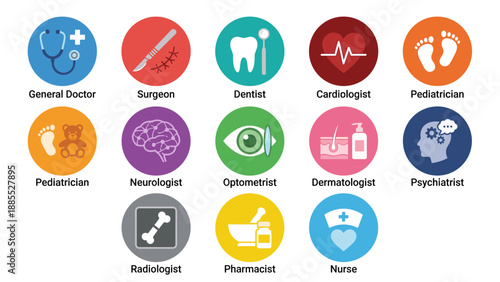 Medical specialists icons set. Healthcare professions symbols. Doctor, surgeon, dentist, cardiologist, pediatrician. Hospital staff avatars. Flat design. Medicine clinic team.