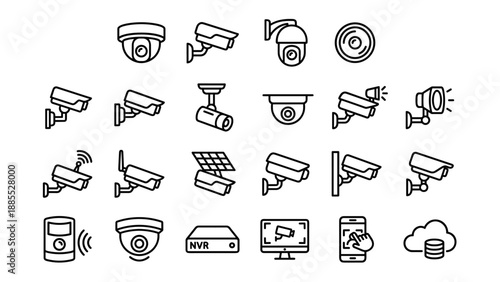 Security camera line icons set. CCTV surveillance equipment vector. Minimalist video technology. Safety protection system. Digital monitoring. Wireless. Home guard. Observation.