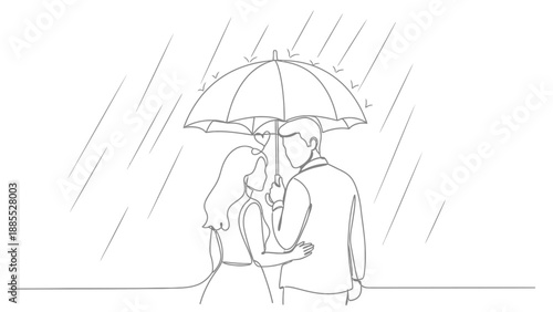 Couple Embracing Under Umbrella in Rain.