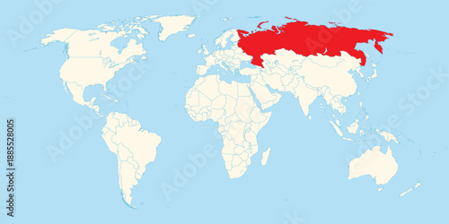 Russia territory highlighted in red on a minimalist world map for geographical and educational purposes
