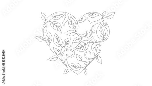 Floral Heart Illustration with Leaves and Flowers.