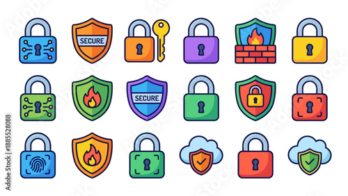 Cybersecurity vector icon set. Colorful flat locks shields protection. Internet safety symbols. Firewall key cloud privacy. Digital security system. Tech guard secure badge design kit