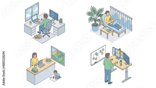 Isometric remote work set. Work from home scenes. Coding at desk. Relaxing on balcony. Parenting while working. Video conference. Telecommuting. Home office. Digital nomad.