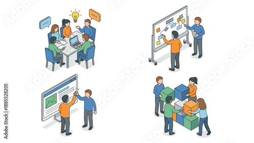Isometric business teamwork. Office meeting strategy. Whiteboard planning. Digital project collaboration. Building puzzle blocks. Corporate group cooperation. Vector illustration