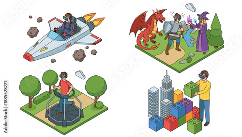 Isometric VR gaming scenes. Virtual reality headset users. Space flight simulator. Fantasy RPG dragon battle. Fitness treadmill run. City building blocks. Metaverse technology.