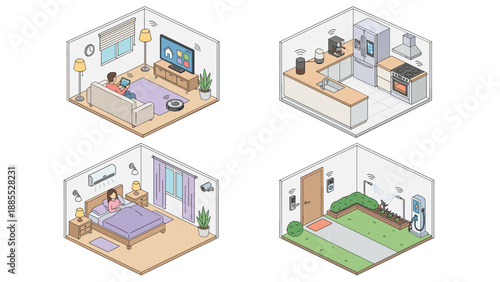 Smart home automation isometric set. Modern house technology. Internet of things control. Living room kitchen bedroom garden scenes. IoT devices network. Digital lifestyle.
