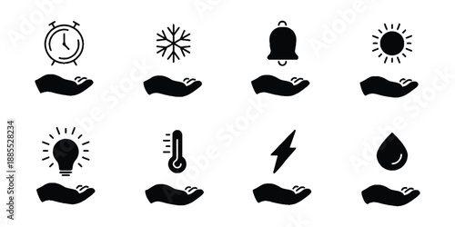 Energy and Weather Icons in Hand Set. Sustainable Energy Icon Collection