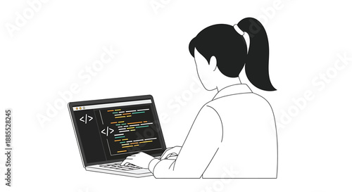 Illustration of a woman coding on a laptop with a focus on programming and technology