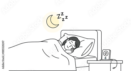 Woman sleeping peacefully at night with a moon and alarm clock illustration