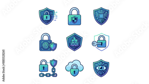 Cybersecurity icon set. Digital protection and data safety symbols. Internet privacy shield and secure lock. Technology web guard. Network defense system. Firewall vector graphic sign.