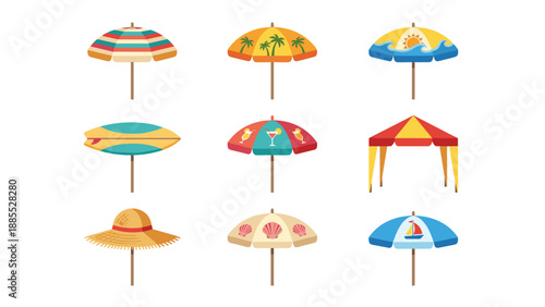Summer beach umbrella icons set. Colorful vector parasols collection for vacation and travel. Flat design sunshade symbols. Holiday resort equipment. Sun protection. Sea relaxation.