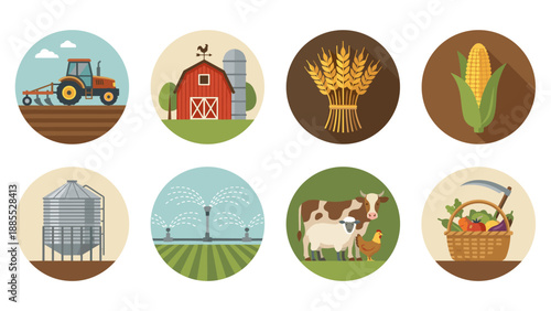 Agriculture farming icons set. Tractor, barn, wheat, corn, silo, irrigation, livestock, harvest basket. Rural countryside symbols. Organic food concept. Agronomy equipment design.
