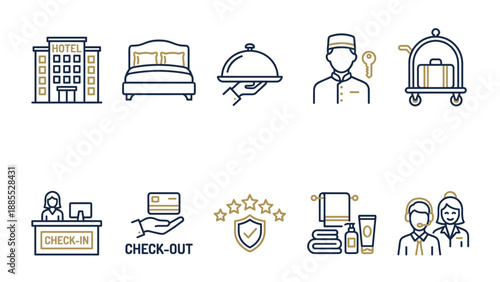 Hotel and hospitality vector icons. Accommodation symbols building, bed, concierge, luggage, check in, room service. Travel vacation. Resort guest services. Tourism concept.