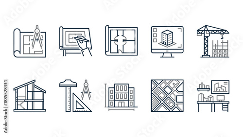 Architecture construction icons. Blueprint, floor plan, 3D model, urban planning. Engineering design, cad drawing, architect project. Drafting tools. Outline vector symbol set.