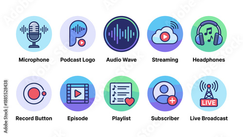 Podcast and streaming icons set. Microphone, audio wave, headphones symbols. Digital broadcasting signs. Radio studio equipment. Online content creator tools. Live stream vector
