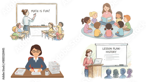 Teacher classroom scenes set. Education vector. Math lesson whiteboard. Storytime reading circle. Grading papers desk. History presentation. School activities. Teaching profession.