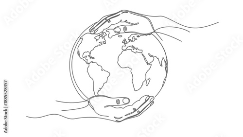 Hands Holding Globe Simple Line Drawing.