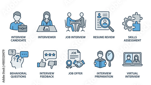 Job interview icons set. Recruitment hiring concept. Human resources HR. Candidate interviewer resume skills assessment virtual meeting. Employment process collection. Career search.