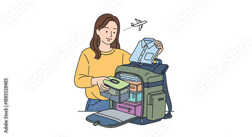 Woman packing travel essentials in a backpack for a trip, organizing items efficiently with a map and airplane icon included.