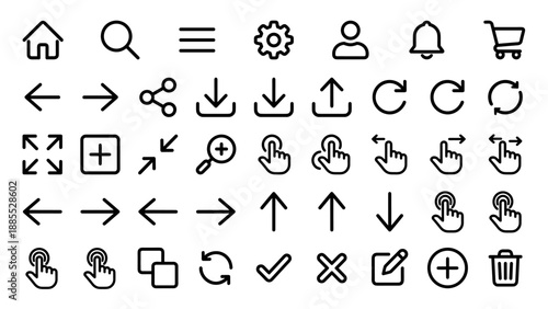 Mobile app navigation gestures icons set. Vector line art symbols. UI UX interface elements. Touch screen interaction. Finger swipe tap. Smartphone controls. Linear web signs pack.