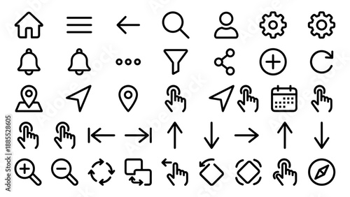 Mobile app navigation and gestures icons set. Clean outline with rounded corners. User interface UI UX symbols. Smartphone interaction. Web design arrows. Minimal linear vector.