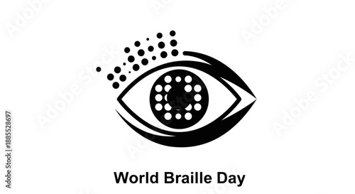 An eye with braille dots inside the iris, surrounded by flying dots, celebrating World Braille Day