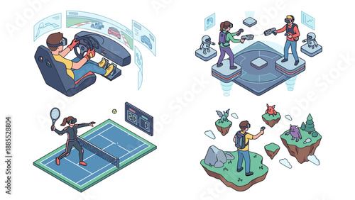 Isometric VR gaming. Virtual reality experience. Racing simulator. Tennis. Shooter multiplayer. Fantasy rpg. Metaverse concept. Technology vector. Digital simulation. AR headset.