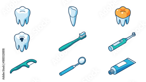 Isometric dental icons set. Teeth, toothbrush, toothpaste, floss, mirror. Oral hygiene dentistry concept. Stomatology collection. Cartoon medical symbols. Vector healthcare design.