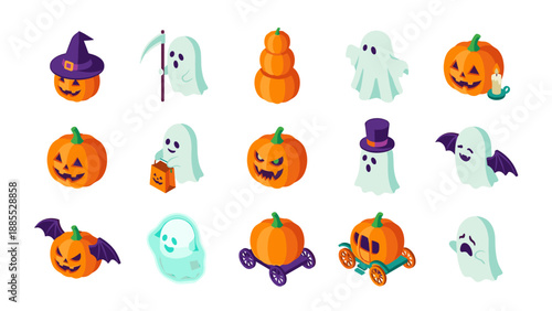 Halloween icons set. Isometric 3d vector. Pumpkin jack o lantern. Spooky ghost. Trick or treat. October celebration. Autumn festival. Grim reaper. Bat wings. Carriage. Wizard hat.