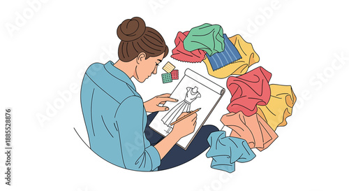 Fashion Designer Sketching Dress Design with Fabric Swatches Around