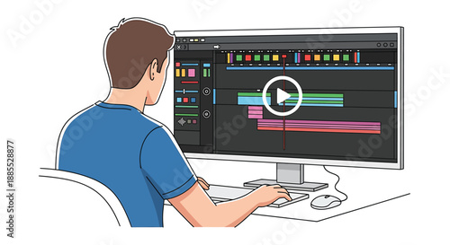 Video Editing Software Interface on Computer Screen, Man Editing Film