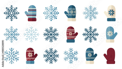 Winter snowflake mitten icon set. Knitted gloves. Nordic pattern. Christmas holiday. Season frost symbols. Flat vector. Cold weather. Festive decoration. Geometric shape