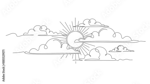 Simple Line Drawing of Sun and Clouds.