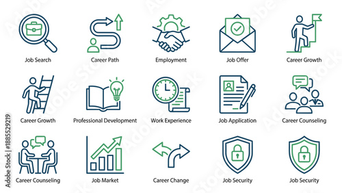 Set of 12 job and career icons. Job search, employment, career path, growth. Professional development. Business recruitment, HR management. Work success concept. Vector bundle.