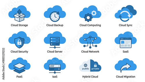 Cloud services icons set. Storage backup sync security server network symbols. SaaS PaaS IaaS hybrid migration. Blue technology data vector collection for internet web app design