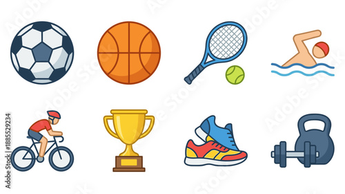 Sports icons set. Athletics vector collection. Soccer ball, basketball, tennis, swimmer, cyclist, trophy, running shoes, weights. Fitness equipment symbols. Competition elements.