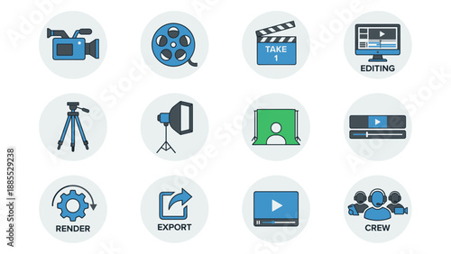 Video production filmmaking icon set camera film reel clapboard editing tripod studio light green screen render export crew equipment broadcast cinema movie industry workflow