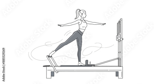 Woman Doing Pilates Exercise on Reformer Machine, Balanced Workout