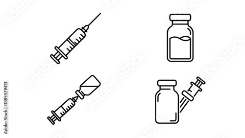Vaccination vector icon set. Medical syringe and vial line art. Immunization injection concept. Medicine bottle and needle. Healthcare linear symbols. Minimalist drug dose. Cure.