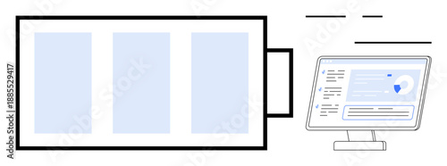 Energy management, digital analytics, technology, renewable resources, software platforms, and data visualization. Battery graphic and computer screen displaying data. Energy management and digital