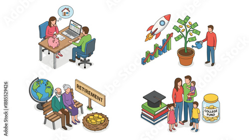 Financial planning concept illustration set. Money management savings investment retirement fund. Family budget mortgage goals. Wealth growth strategy. Four isometric scenes