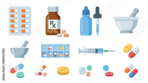 Pharmacy medication icon set. Pills tablets capsules prescription bottle dropper syringe mortar pestle organizer. Healthcare drugstore pharmaceutical medical treatment flat vector illustration